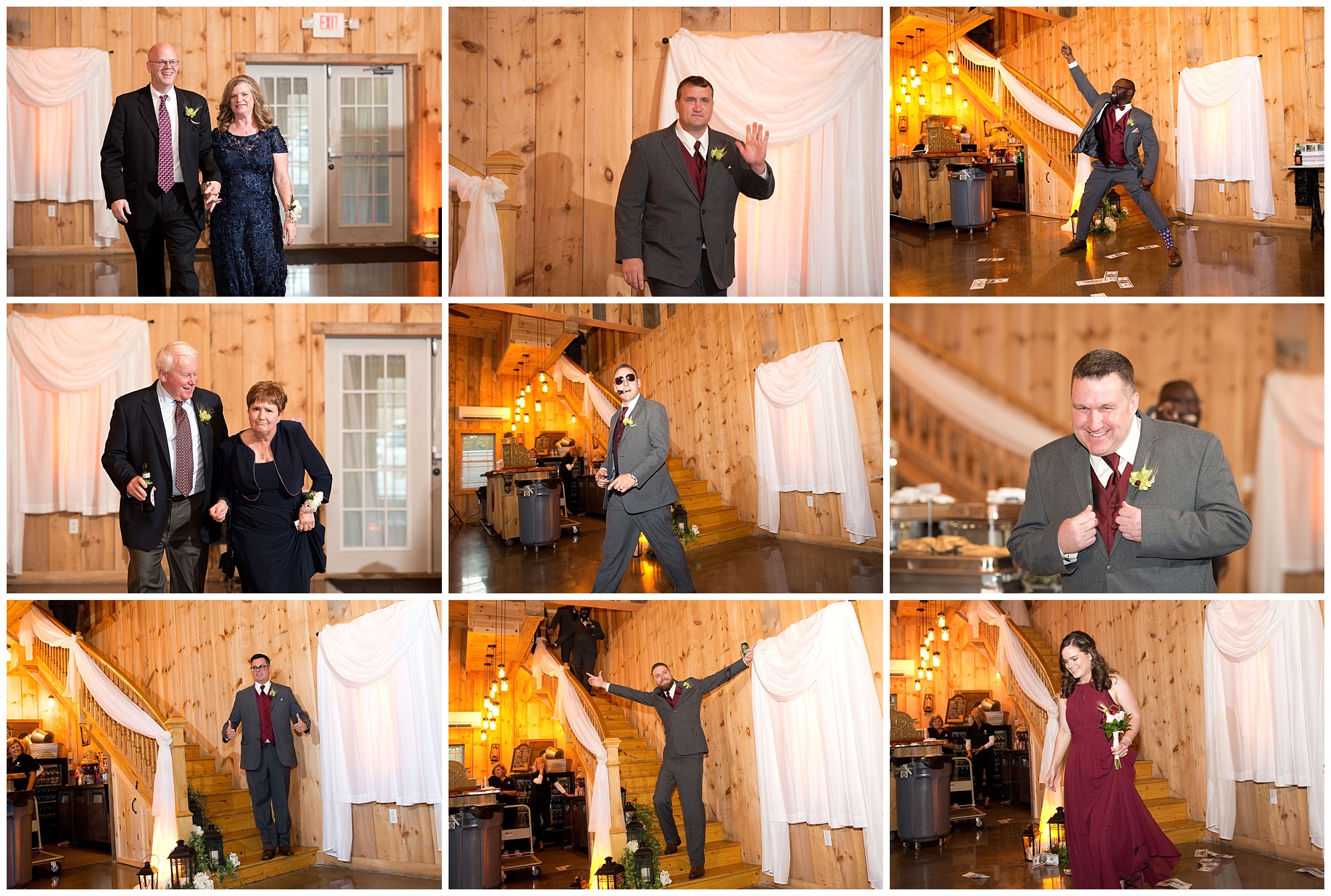 Nine photos of the wedding party being introduced at the reception entry.