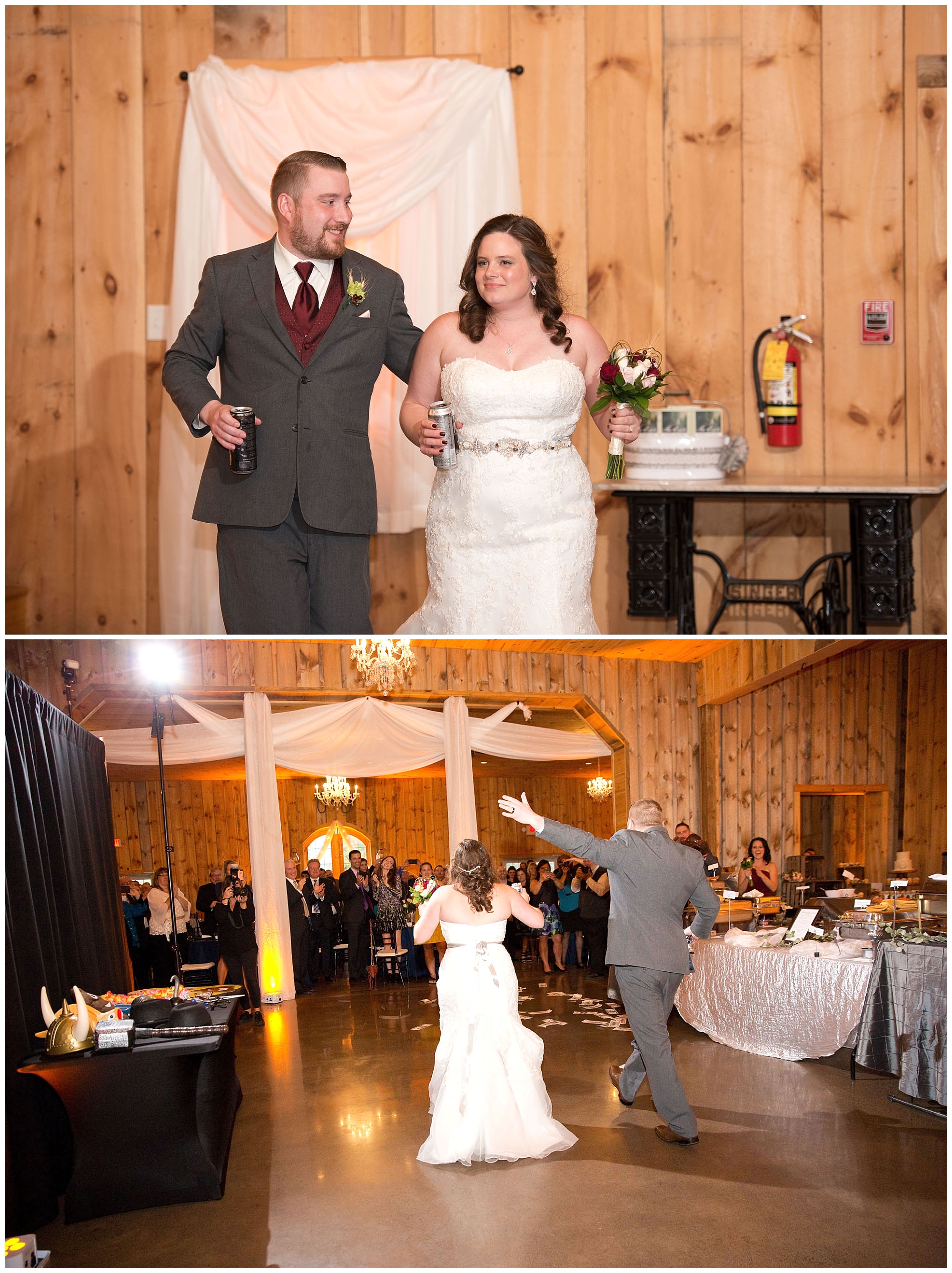 Two photos of the bride and groom being introduced at the reception..