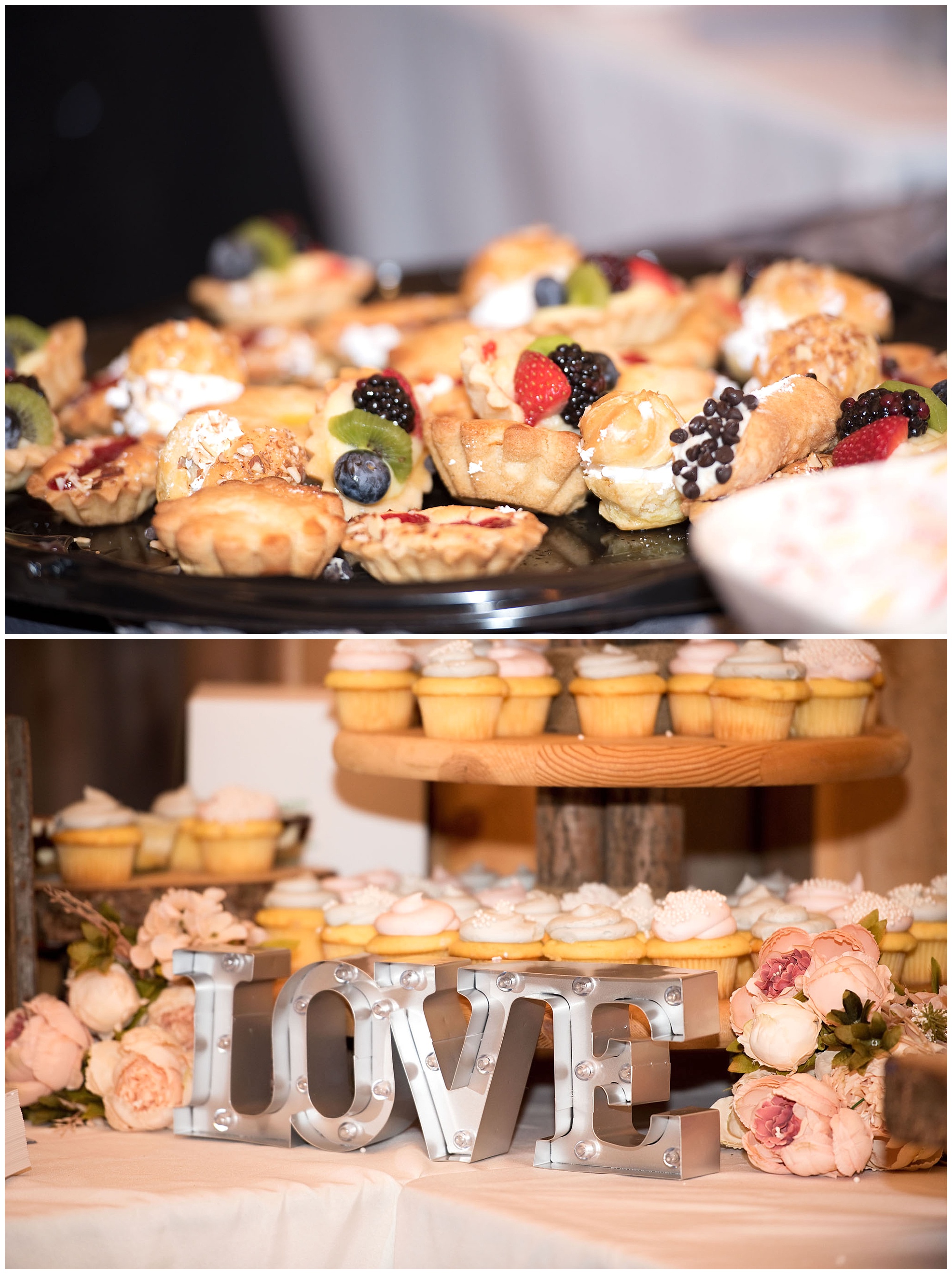 Dessert items of tarts and cupcakes from the wedding.