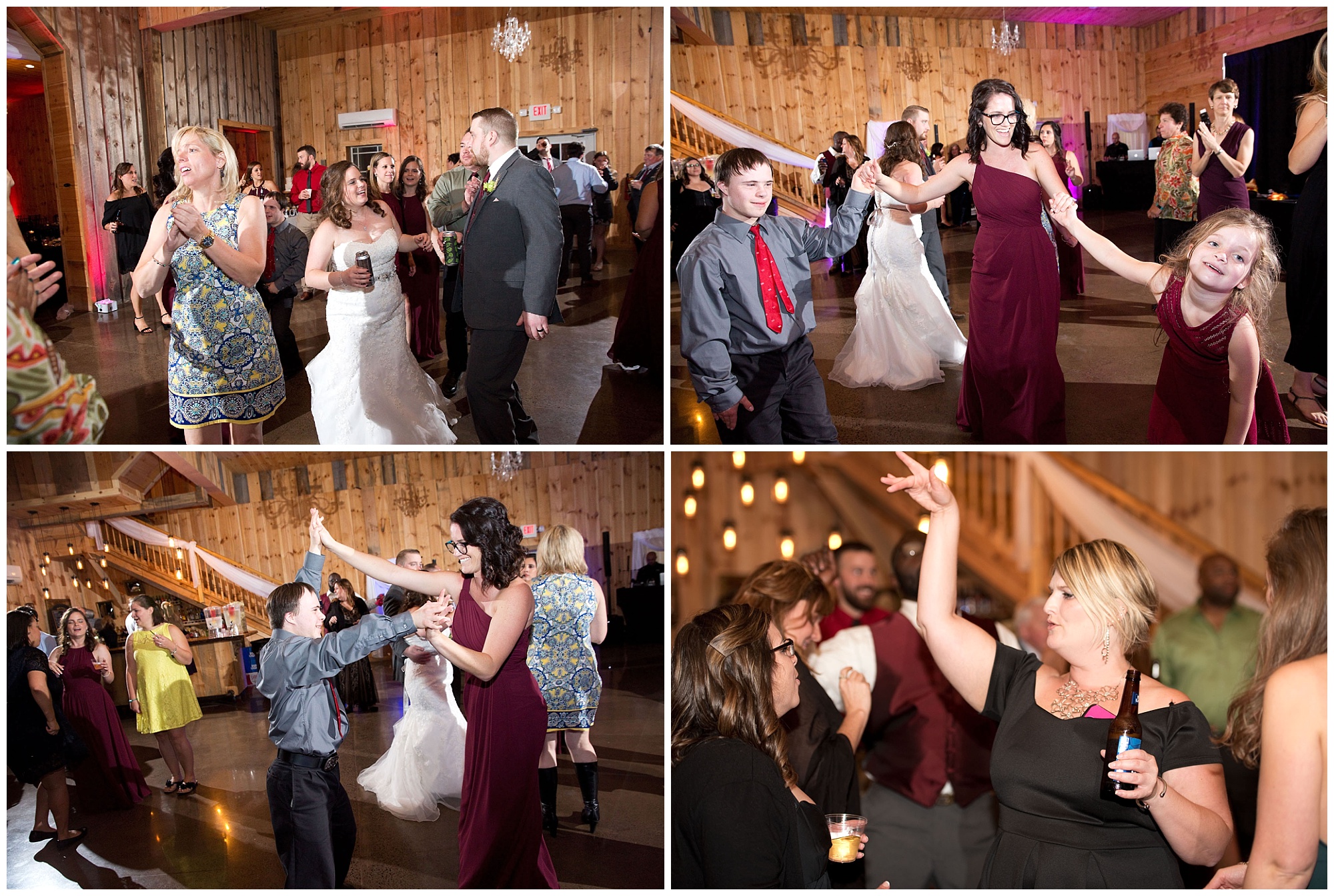 Photos of dancing family and guest at the wedding reception.