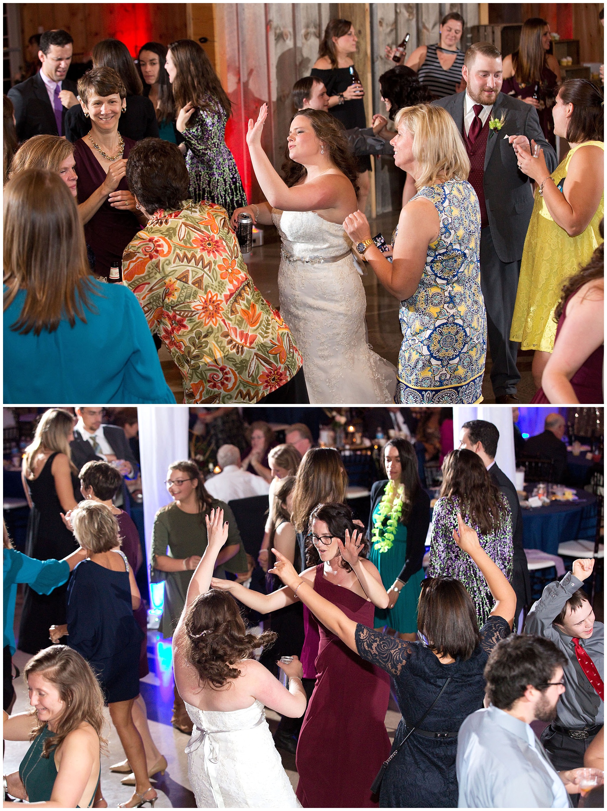 Photos of dancing family and guest at the wedding reception.