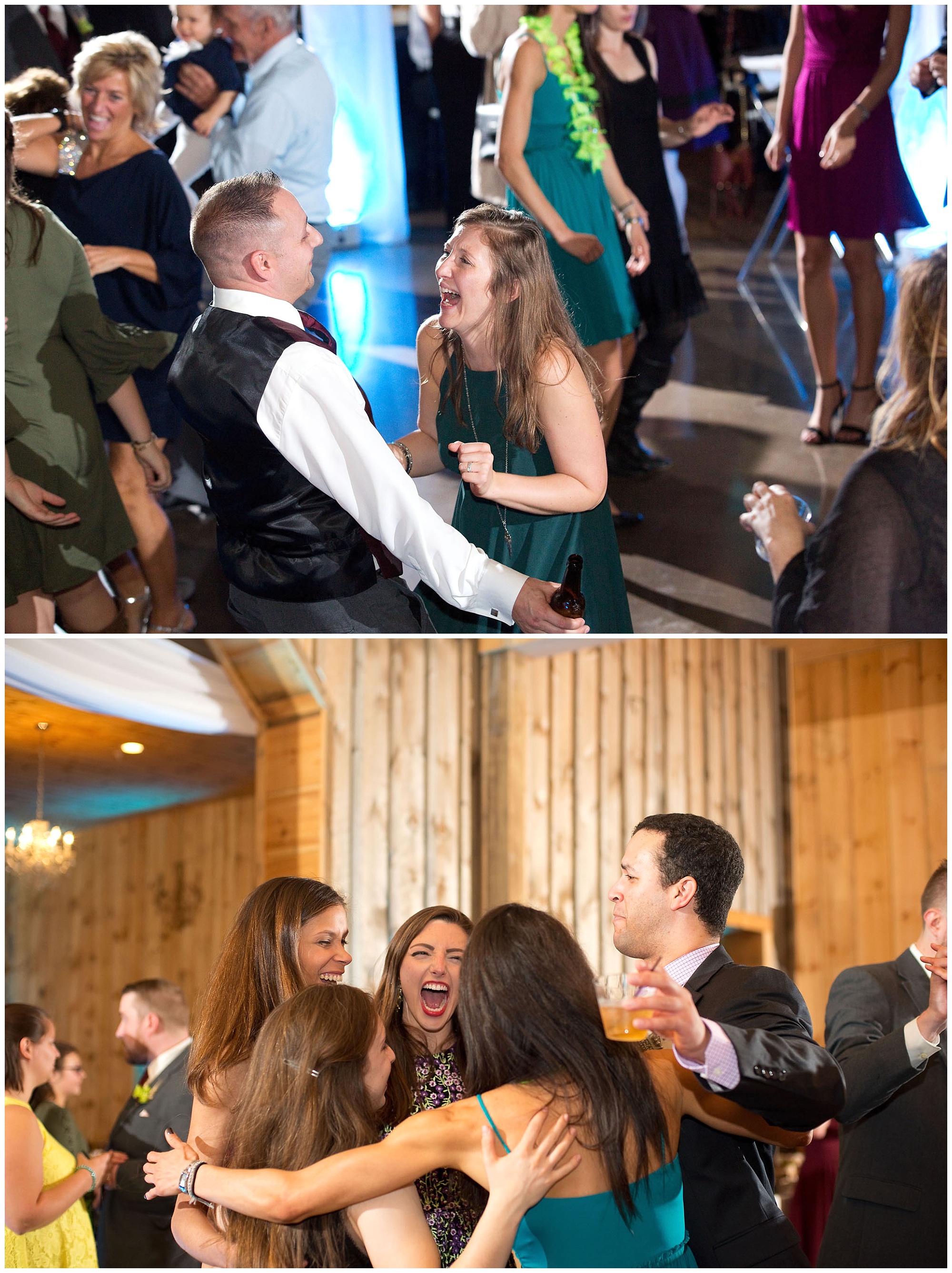 Photos of dancing family and guest at the wedding reception.