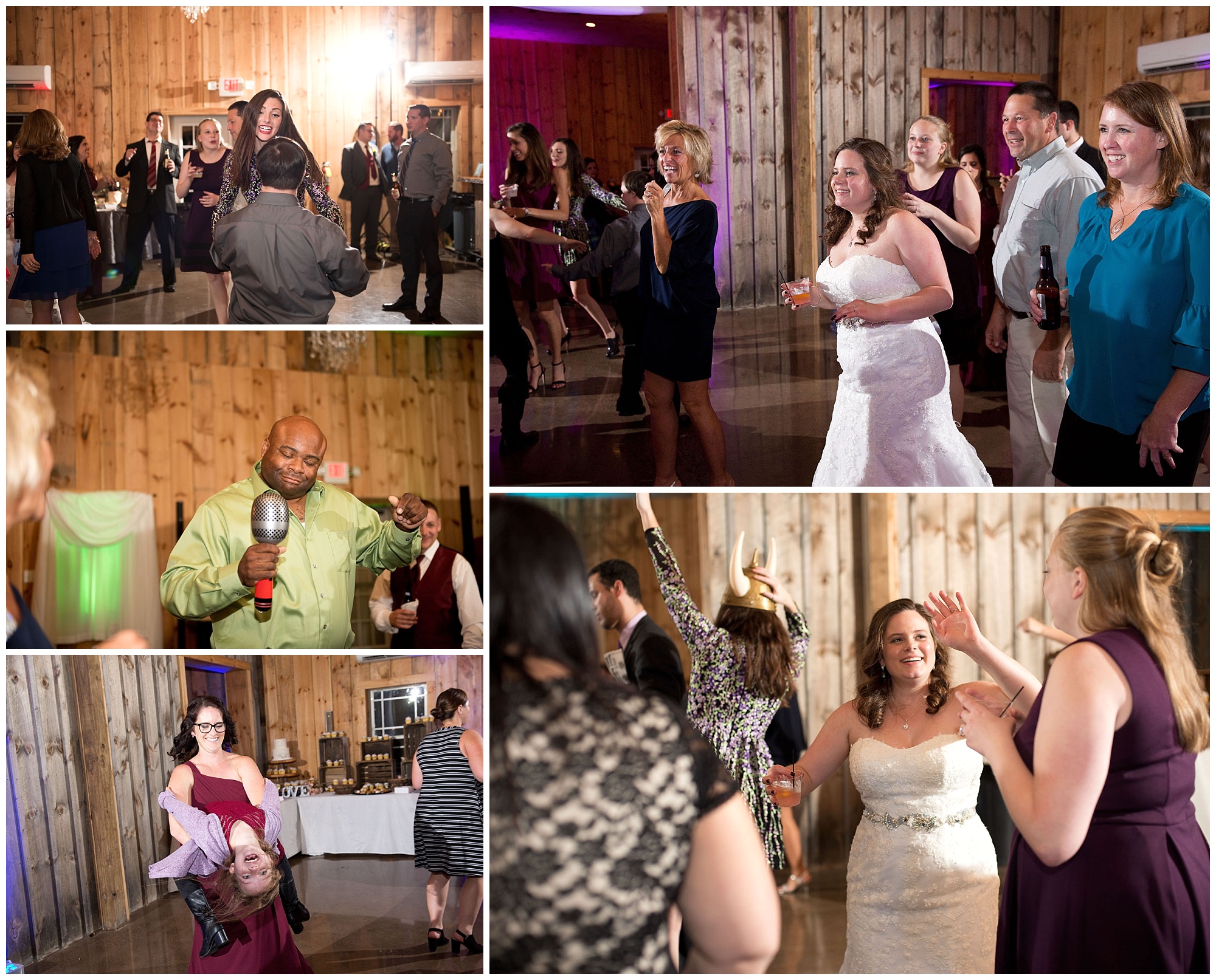 Photos of dancing family and guest at the wedding reception.