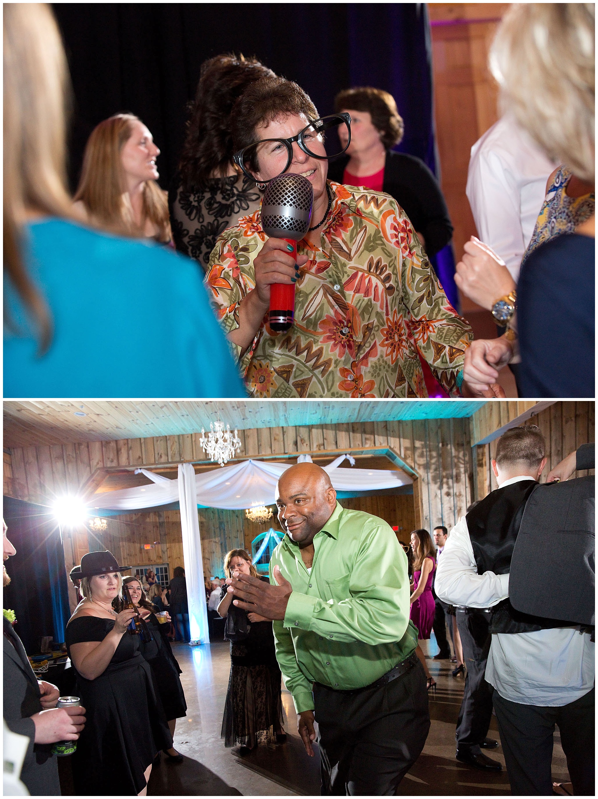 Photos of dancing family and guest at the wedding reception.