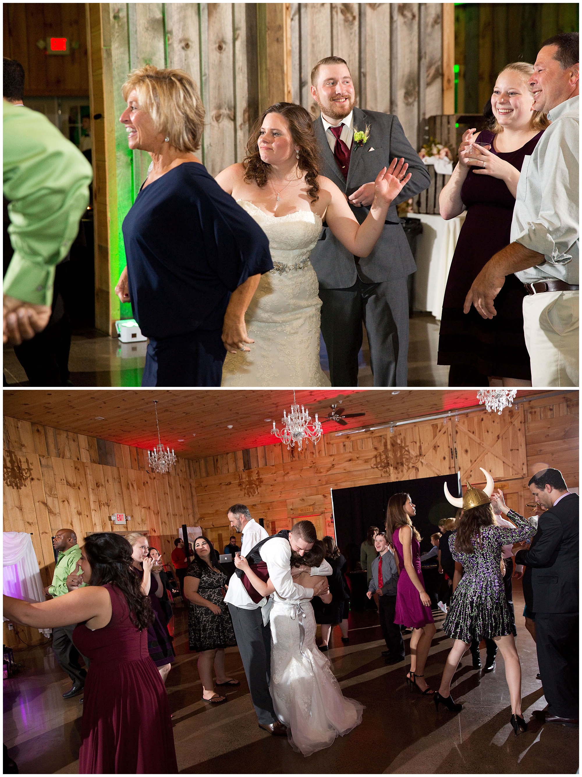 Photos of dancing family and guest at the wedding reception.