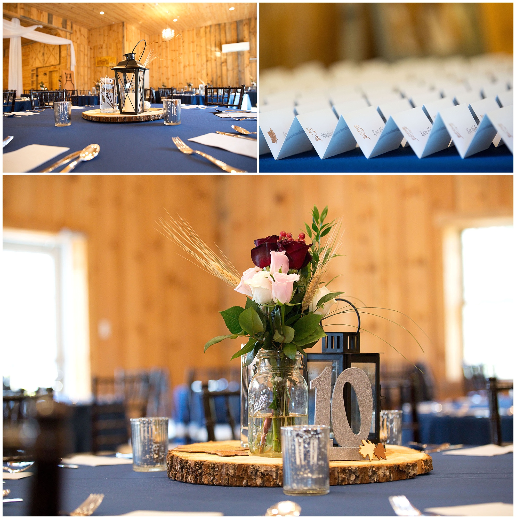 Photo of rweddnig reception center pieces and another of the place cards with guest names.