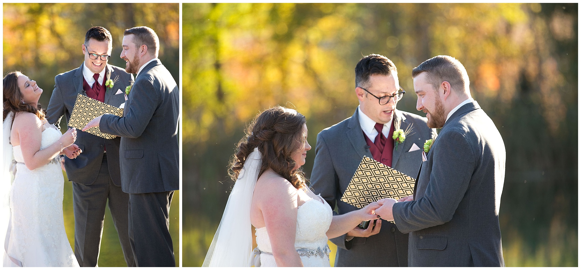 Photo of the groom putting his brides's wedding ring on her fiinger during the ceremony.