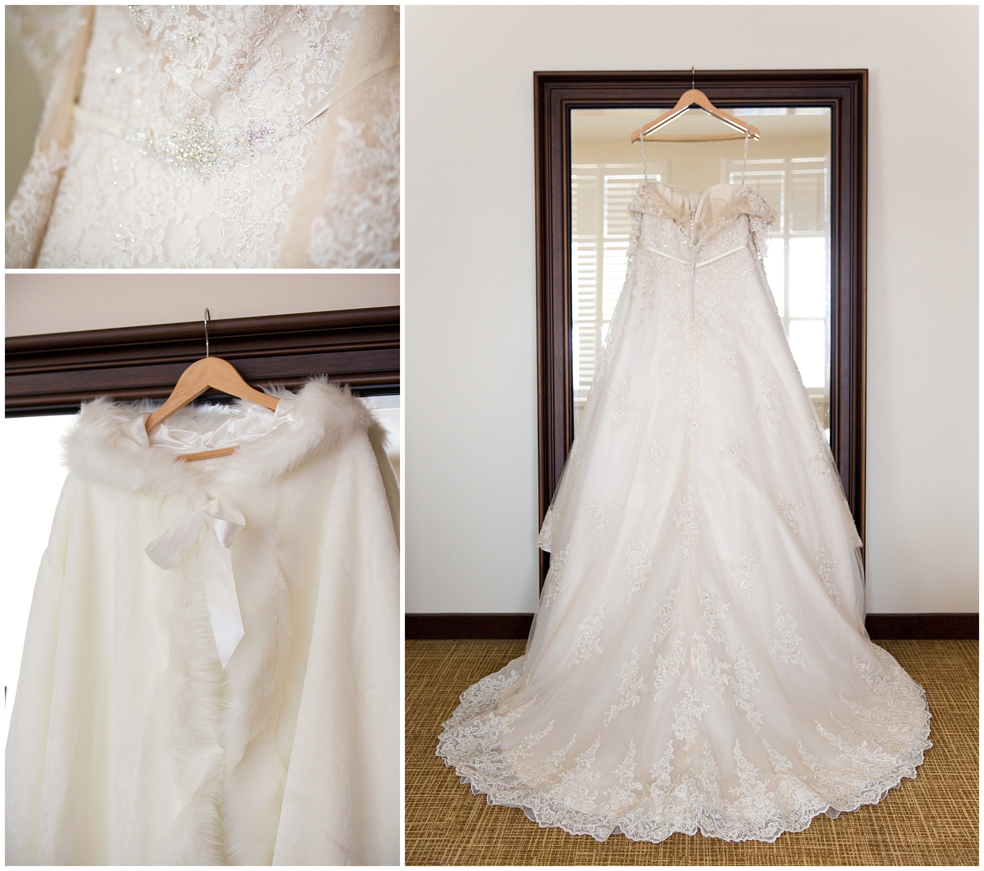 Three photo set . Two photos of her wedding dress. The other is of her white faux fur cape.