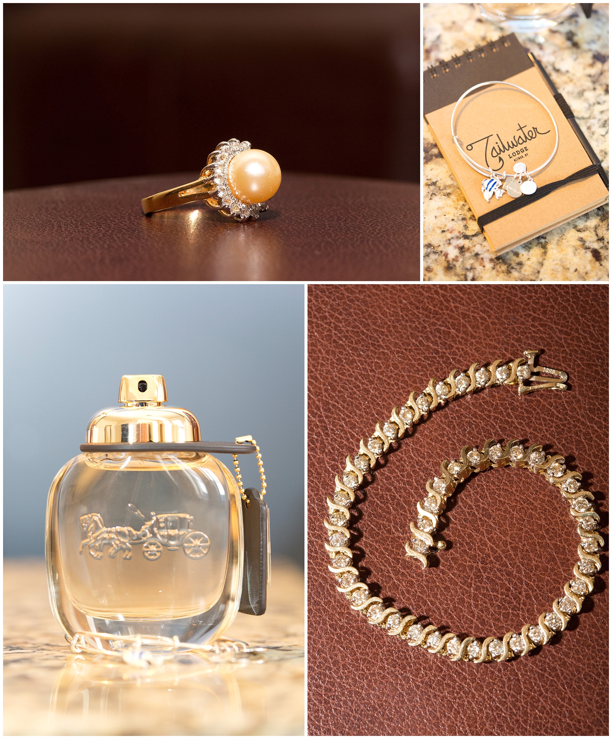 Photos of a brides details including her purfume bottle, vintage family, ring, and other jewelry.