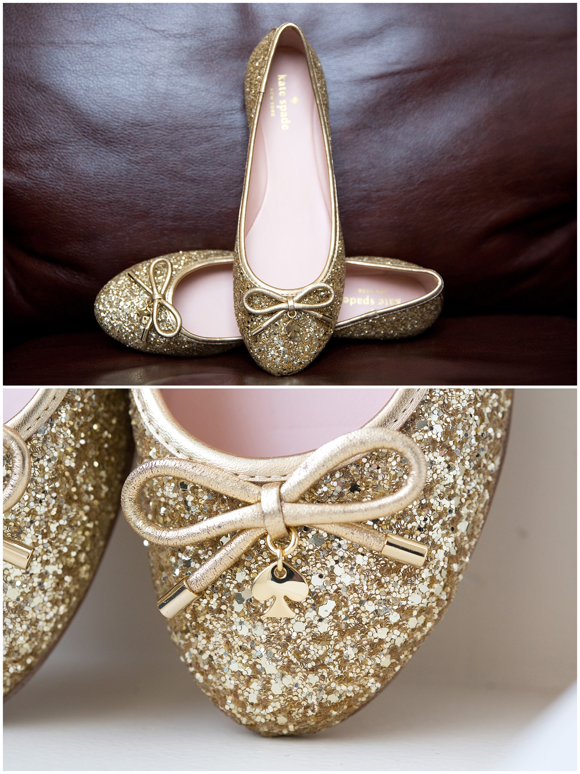 A photo of a brides golden shoes in two shots.