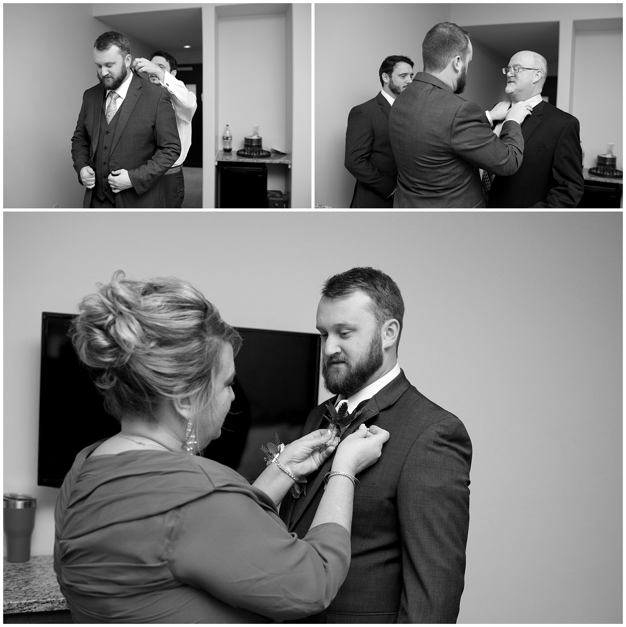 Three phots of the groom with his parents and best man.