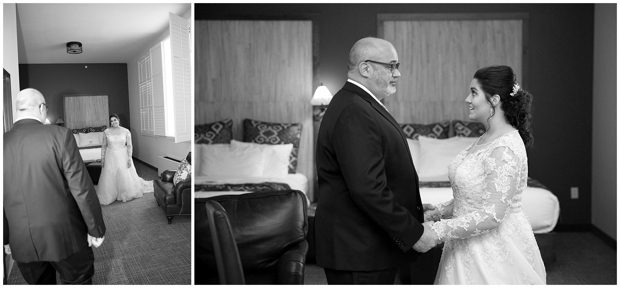 A photo of a bride and her dad in two first look photos.