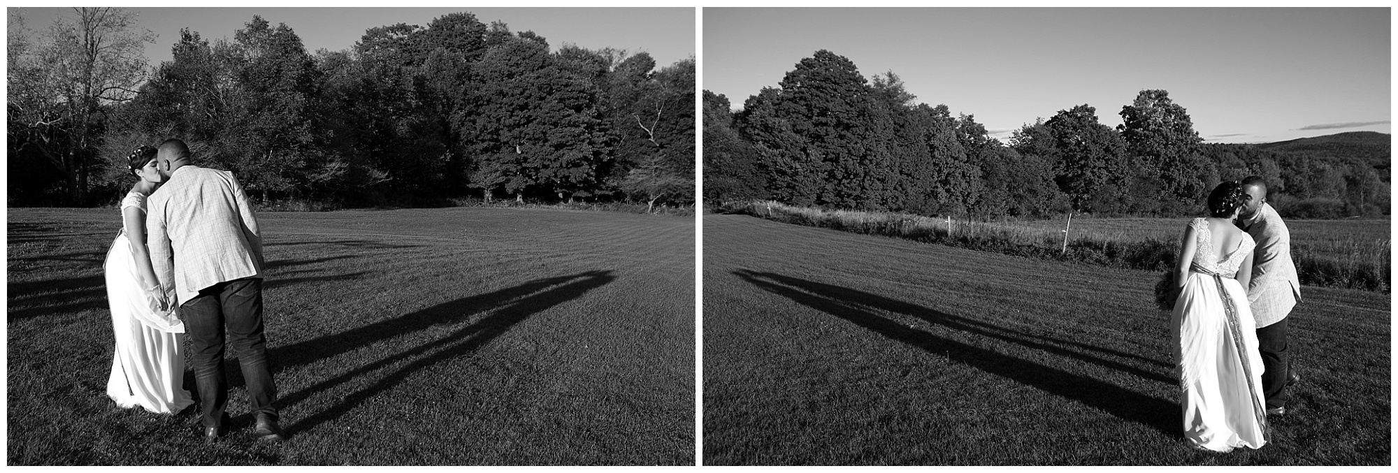 Photos of bride and groom kissing and throwing long shadows after their late afternoon ceremony.