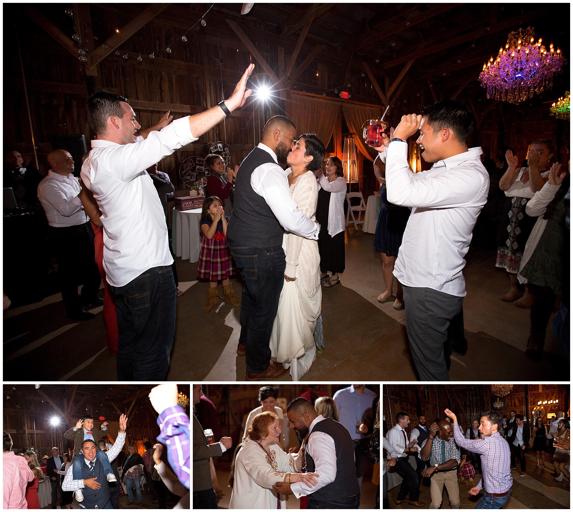 Photos of dancing and fun at the wedding reception.