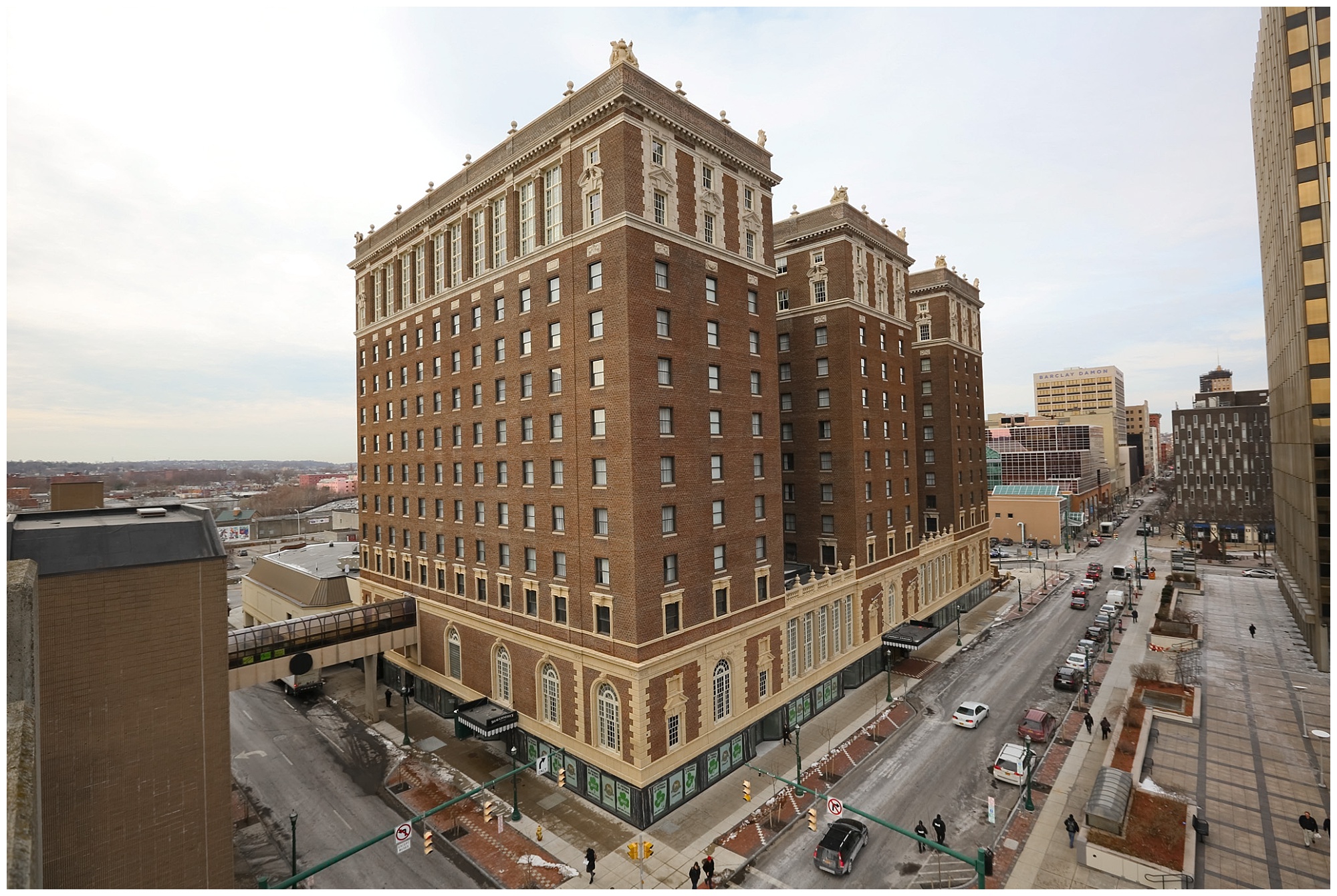 Photo of the Marriot Syracuse Downtown viewed from an elevated distance.