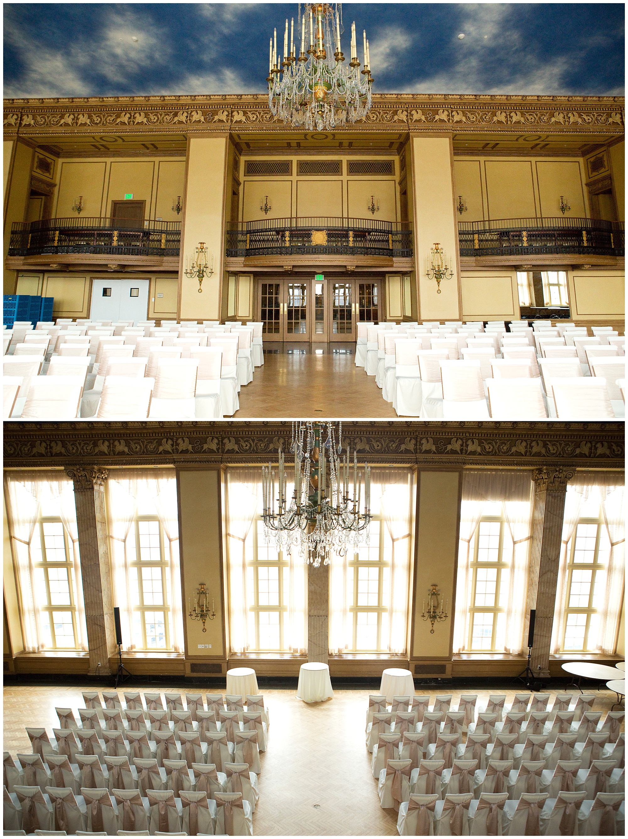 Interior wide angle photos of grand ballroom at Marriot Syracuse Downtown.