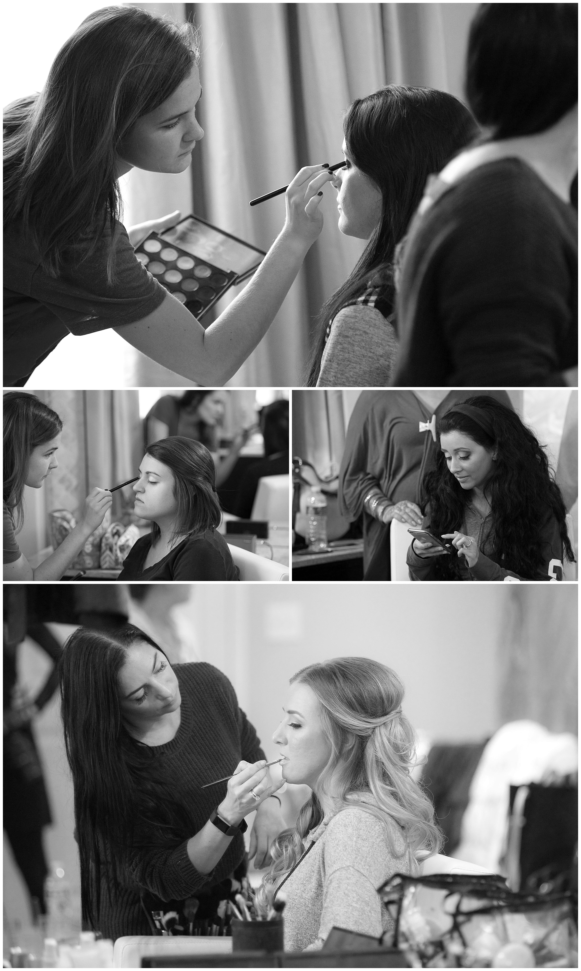 Photo of bridesmaids getting hair and makeup done.