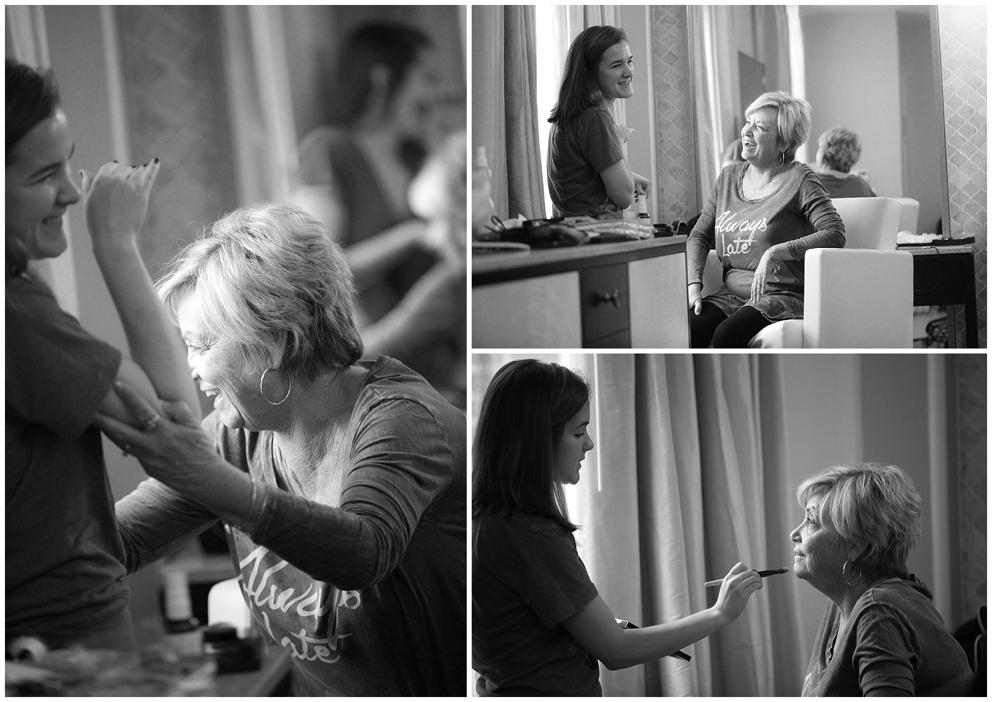 Photos of a grooms mother laughing and getting makeup applied for her son's wedding.