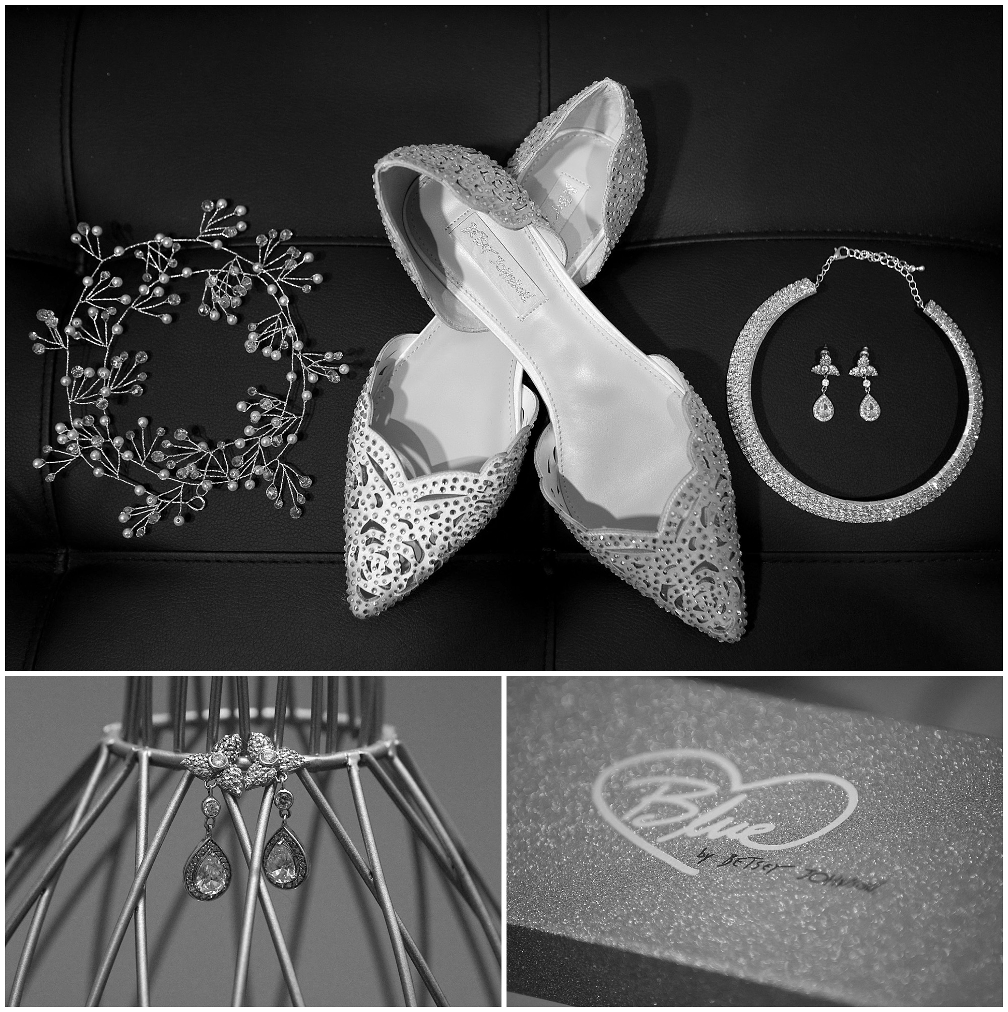 Photo of a brides jewlry and shoes.