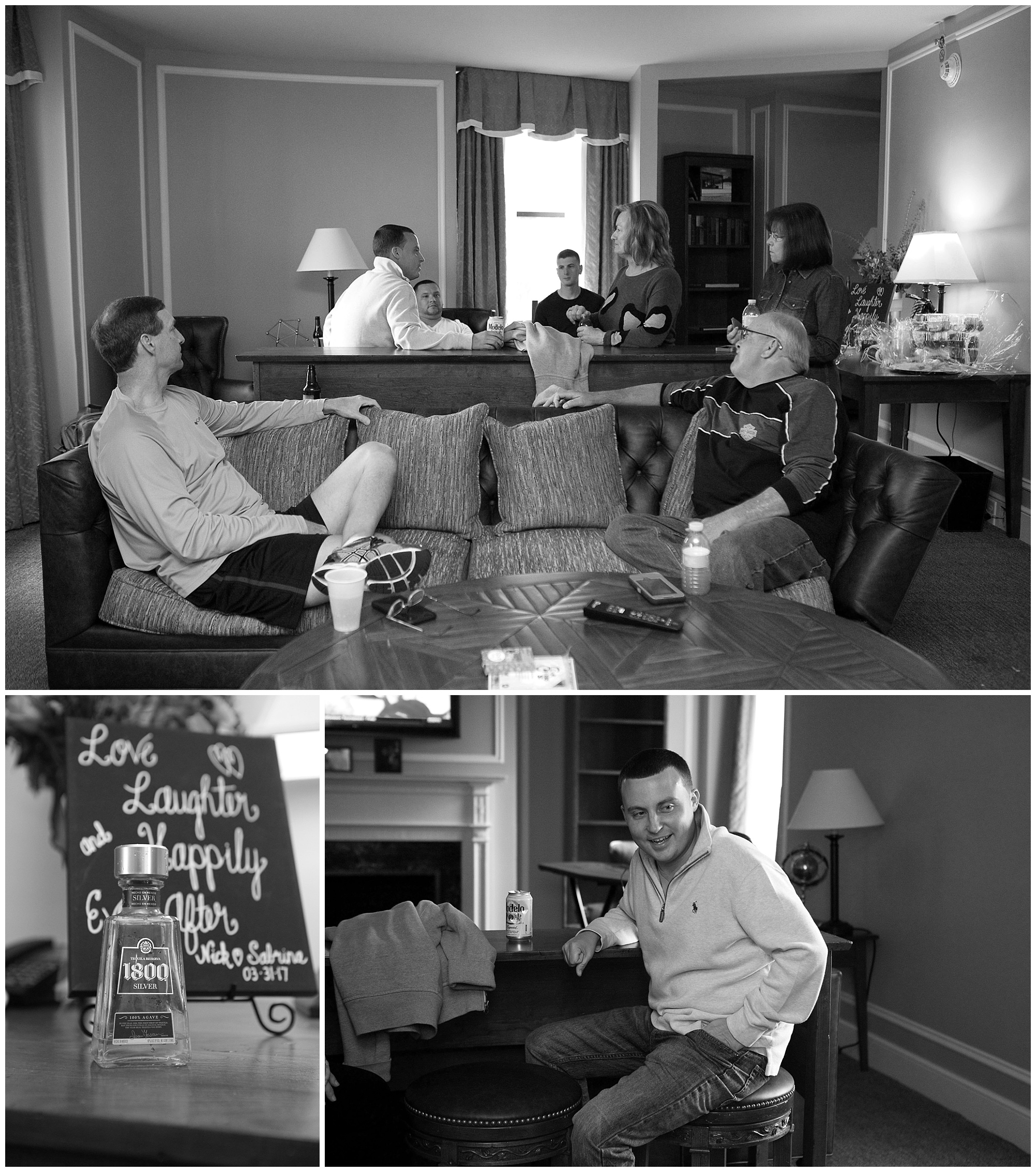 Photo of a groom and his friends and family hanging out before the wedding. 