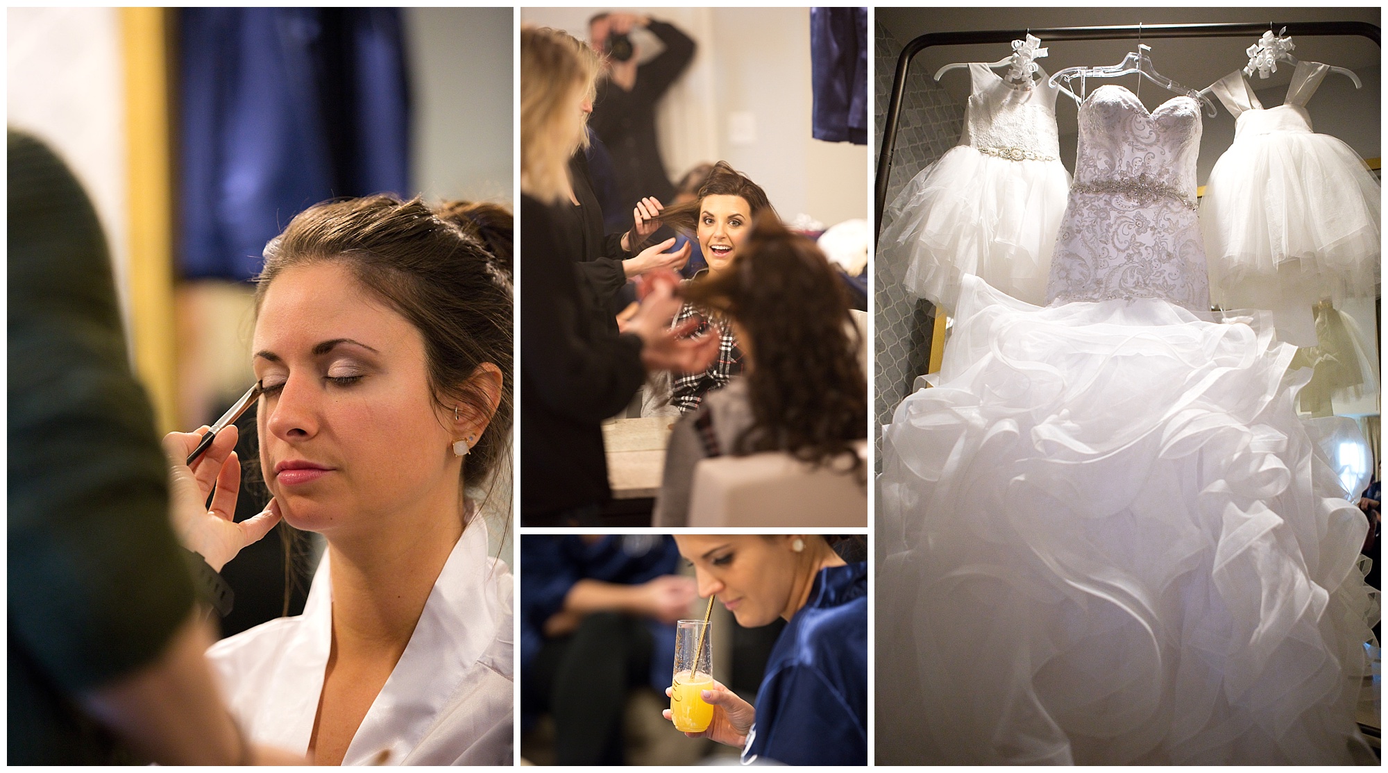 Four photos including a bridal party getting ready and a photo of dresses.