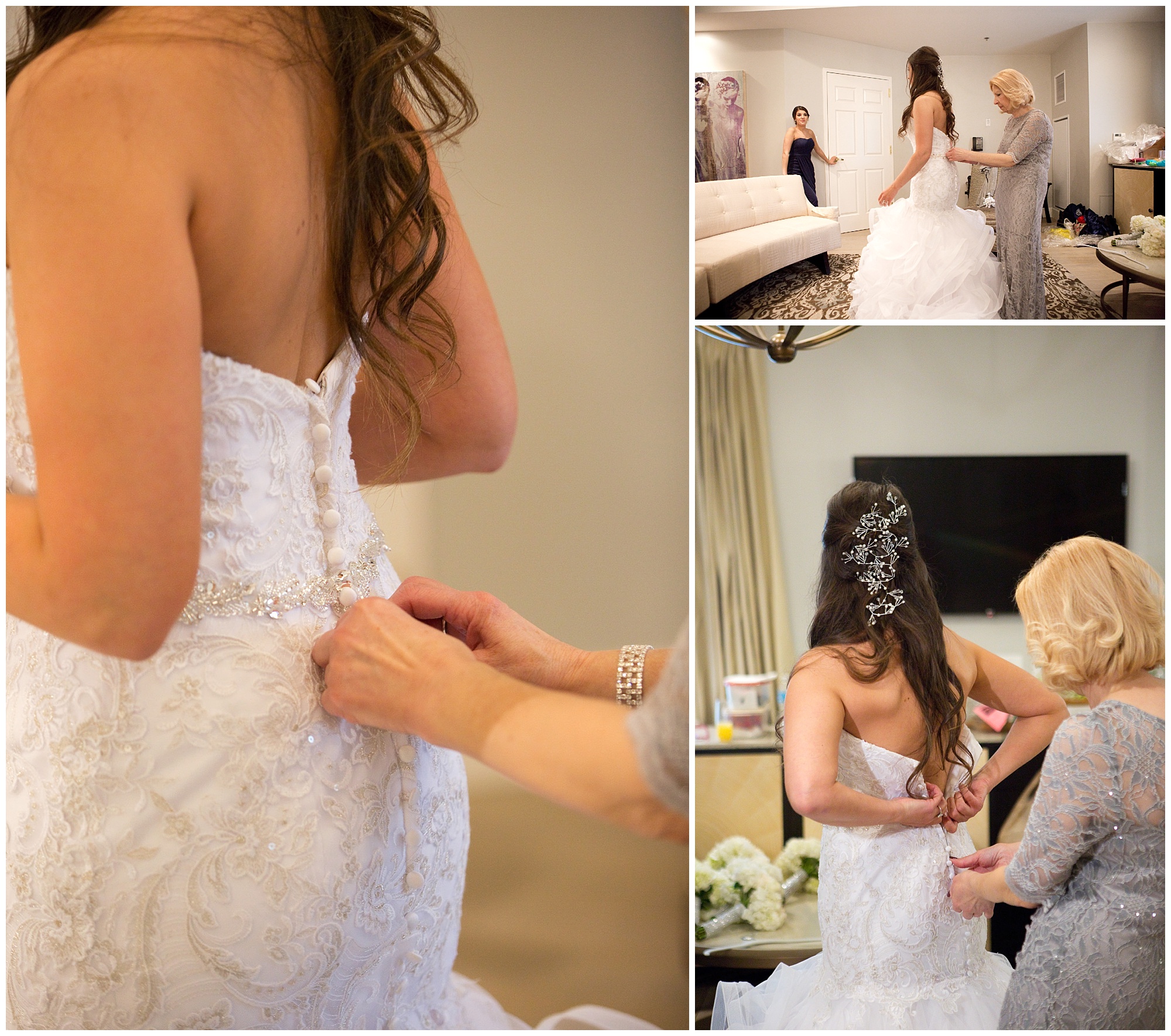 Photo of a bride with her mother closing up her dress back just prior to the ceremony.