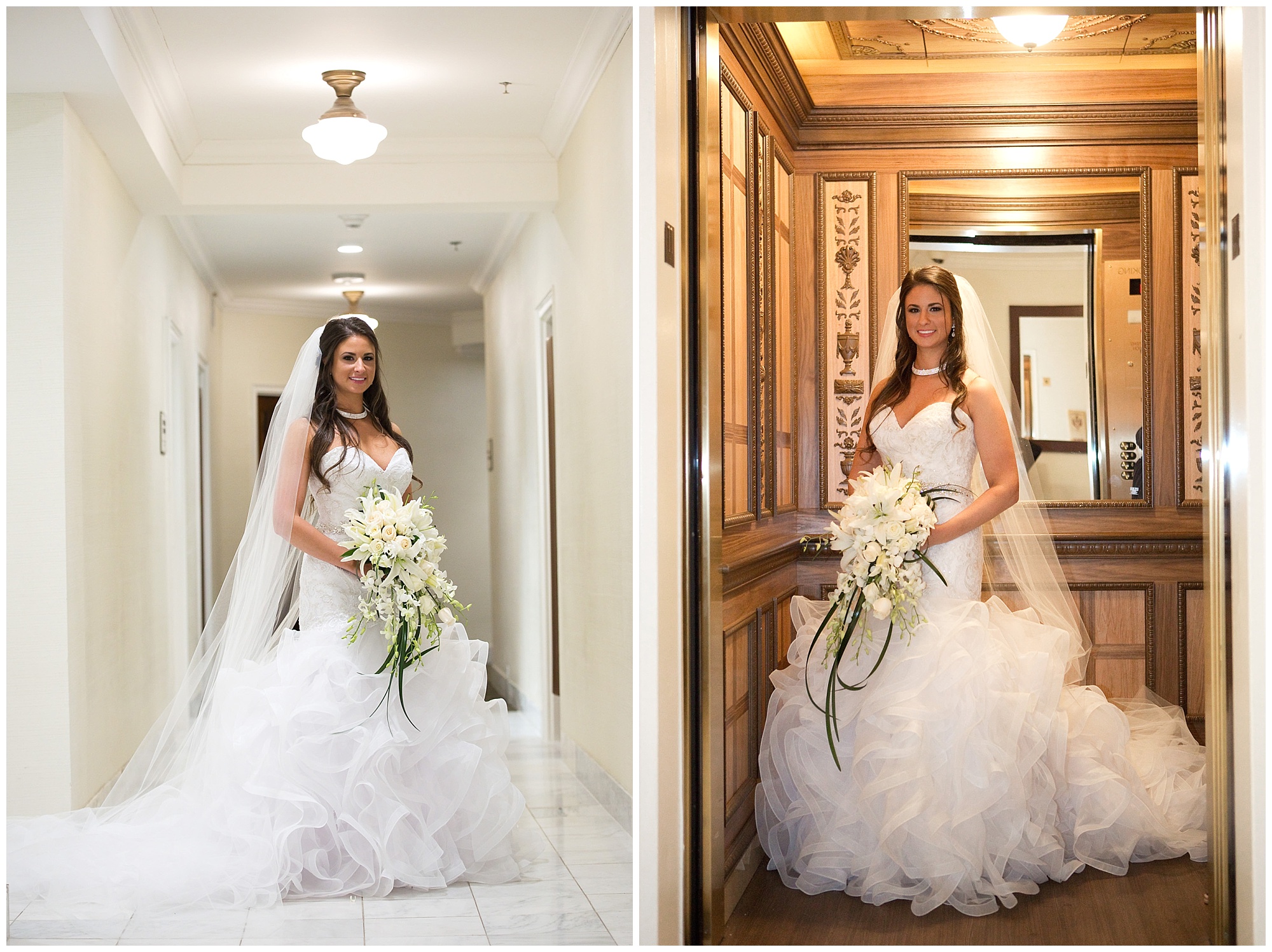 A portrait of a bride in the hotel hallway and elevator.