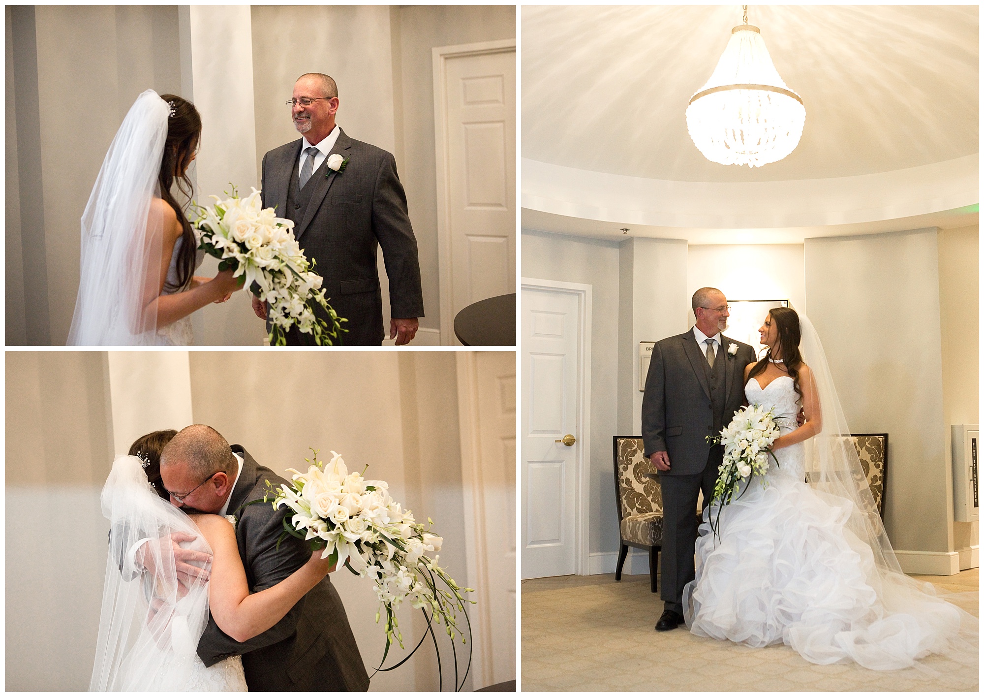 Photos of a bride's father seeing in her wedding dress for the first time.