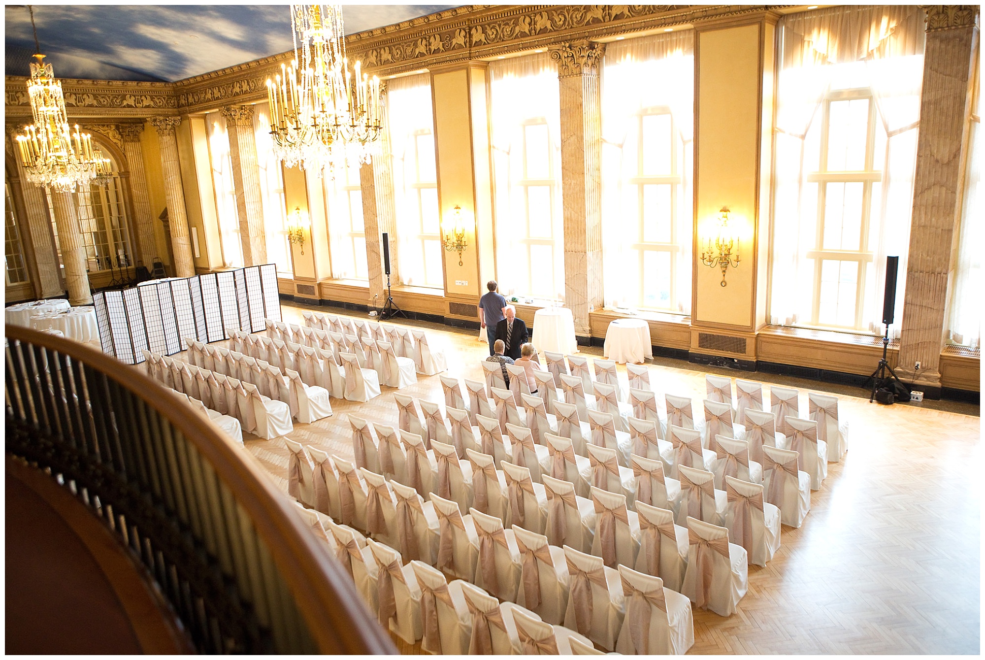 Balcony view photo of the grand balloom at the Marriott Syracuse Downtown hotel prior to a wedding ceremony.