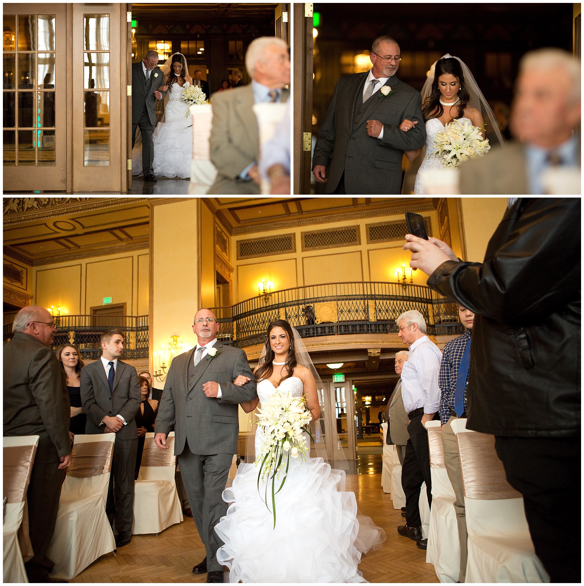 A photo of a bride with her father during her wedding procession.