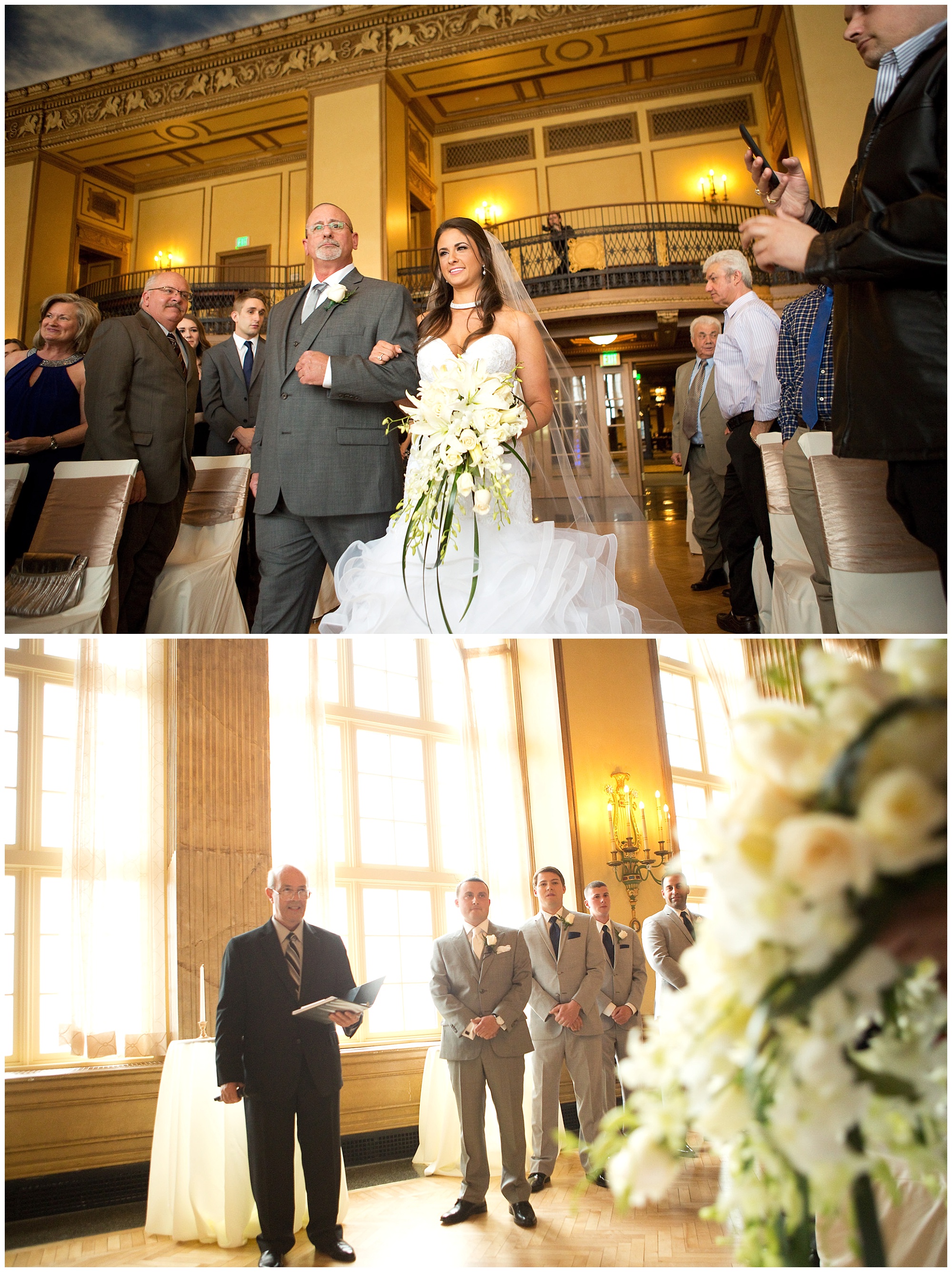 A photo of a bride with her father during her wedding procession, and another of her groom watching her lovingly..